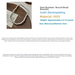 Detailed view of S925 sterling silver beaded bracelet with 16cm elastic cord and polished beads