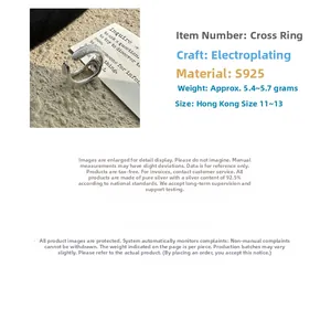 Detail of brushed S925 sterling silver cross ring showing weight and size specifications