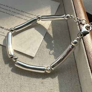 S925 sterling silver minimalist bamboo link bracelet with polished beads and lobster clasp