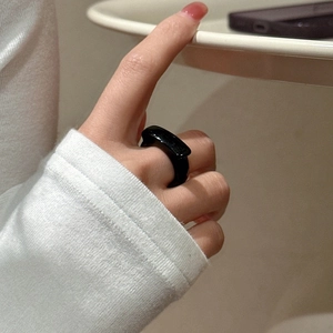 Minimalist black agate style resin ring with a flat rectangular geometric design