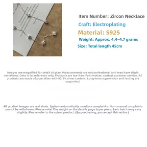 Detailed specs of S925 silver zircon necklace showing 45cm length and 4.4g weight