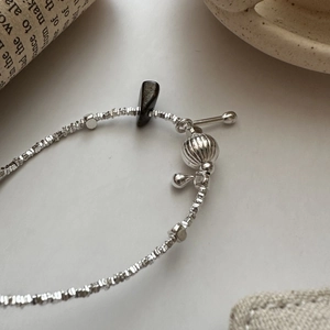 S925 sterling silver beaded bracelet with black gemstone and T-bar clasp design