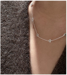 Close-up of S925 sterling silver necklace with zircon beads on a woman neck
