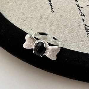 Vintage S925 Sterling Silver Open Ring For Women Brushed Butterfly Wing Black Agate Adjustable Fashion Finger Ring Gift