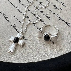 S925 sterling silver brushed cross jewelry set with black agate ring and necklace