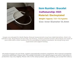 Detail view of S925 sterling silver open bangle with matte finish and 56.4mm diameter