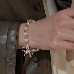 Élégant bracelet en argent S925 avec perles de cristal blanc et pendentif nœud papillon