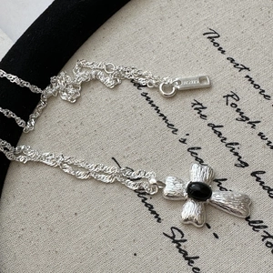 925 Sterlingsilber Kreuz Halskette Für Damen Vintage Schwarzer Strass Schleife Anhänger Gedrehte Seilkette Schmuck Geschenk