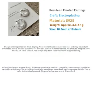 Detailed view of S925 sterling silver pleated earrings with matte and textured finish