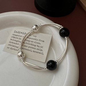 925 Sterling Silver Black Agate Bracelet For Women Double-Layer Curved Tube Minimalist Beaded Wrist Jewelry Daily Gift