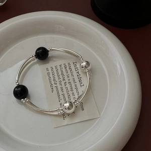 Minimalist S925 sterling silver double-layer tube bracelet with polished black agate beads