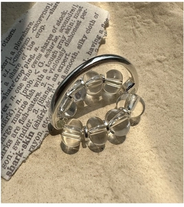 Macro view of S925 sterling silver ring with transparent beads on textured stone