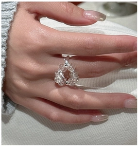 Close-up of S925 sterling silver ring featuring clear white crystal cluster on finger