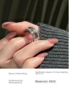 Detailed macro view of S925 sterling silver hollow ring with sparkling crushed ice zircons
