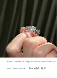 Detail view of S925 sterling silver crushed ice ring with multi-row pavé cubic zirconia