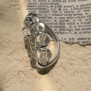 Minimalist S925 silver ring with five clear crystal spheres on a textured background