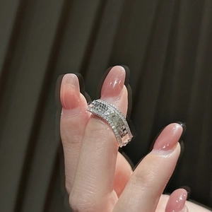 Bague Ouverte en Argent Sterling 925 Vague Élégante Texture Craquelée de Glace Double Rangée Strass Réglable Bague Large Bijoux Femme