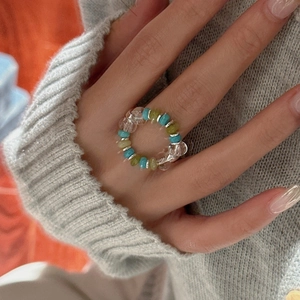 Vintage S925 Sterling Silver Beaded Ring For Women Colorful Turquoise Glass Beads Elastic Finger Ring Bohemian Jewelry Gift