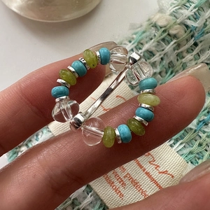 Bohemian S925 sterling silver beaded stretch ring with turquoise and crystal accents