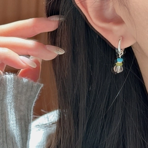 S925 sterling silver hoop earrings featuring sky blue and green crystal beaded charms