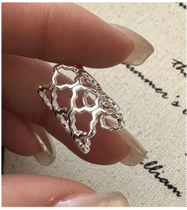 Detail of a S925 silver geometric hollow honeycomb ring with a modern minimalist design