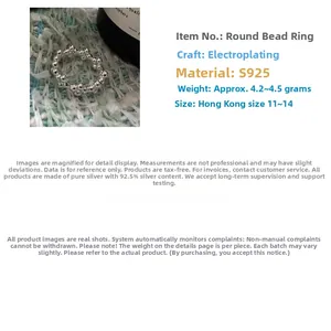 Detailed specs of S925 sterling silver beaded ring with size and weight information