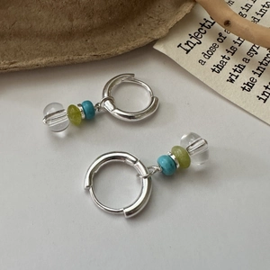 S925 sterling silver beaded hoop earrings with crystal and turquoise bohemian charms