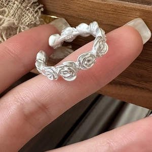 Matte S925 sterling silver vintage rose flower open ring with retro floral design