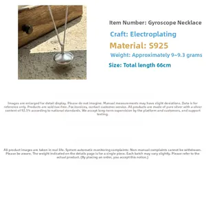 Detail of S925 sterling silver spinning top pendant with plated finish on 66cm long chain