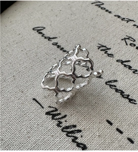Macro view of wide geometric honeycomb cutout ring in minimalist S925 sterling silver style