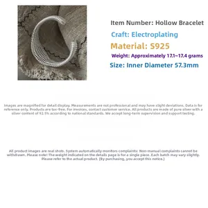Detailed view of S925 silver hollow mesh bangle with 57.3mm inner diameter and plating