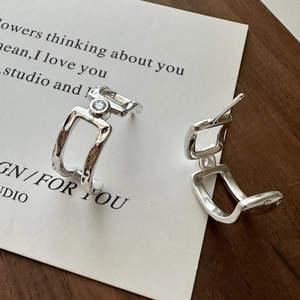 S925 sterling silver double-layer square earrings with irregular handmade texture and zircon