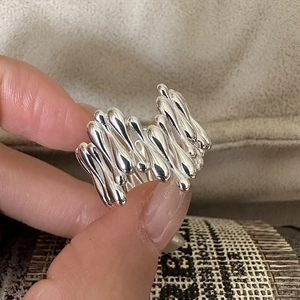Bague Ouverte en Argent Sterling S925 Style Métal Liquide Goutte d'Eau Fondue Irrégulière Texture de Lave Ajustable Bague de Doigt Minimaliste Coréenne