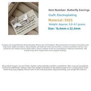 Detailed view of S925 sterling silver butterfly earrings with size and weight metrics