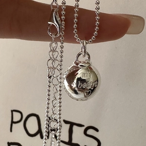 S925 Sterling Silver Ball Pendant Necklace For Women Vintage Korean Style Heart Engraved Geometric Sphere Bead Chain Jewelry