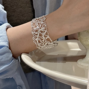 Minimalist 925 sterling silver openwork mesh cuff bracelet with hollow woven texture design