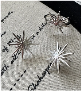 Detailed macro shot of S925 sterling silver starburst earrings and open ring set