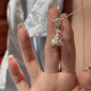 S925 sterling silver fountain tower pendant necklace with round clear zircon stone