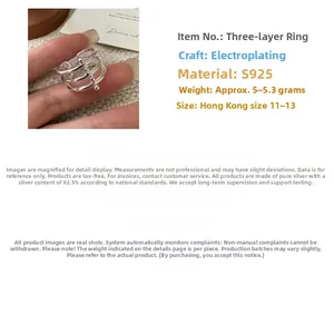 Detailed specs for S925 sterling silver triple-layer beaded wrap ring, size 11-13