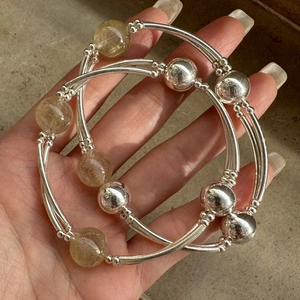 S925 Sterling Silver Rutilated Quartz Bracelet For Women Simple Curved Tube Elastic Bead Bracelet Retro Natural Stone Jewelry
