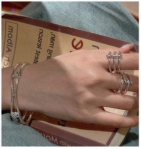 Detail of silver S925 double-layer minimalist ring and bracelet set on a model