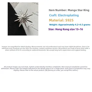 Detailed macro shot of S925 sterling silver starburst ring with weight and size specifications