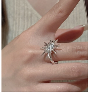 Macro shot of S925 sterling silver sunburst ring worn on finger with a minimalist style