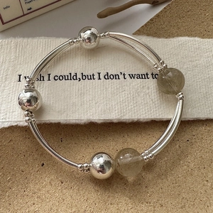 Minimalist S925 sterling silver elastic bracelet with natural rutilated quartz beads