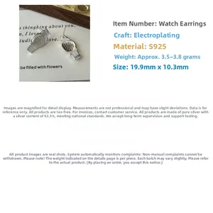 Détails des boucles d'oreilles montre en argent S925 et oxydes de zirconium, 19,9mm x 10,3mm
