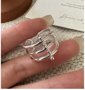 Detail of S925 sterling silver multilayer ring with beads and adjustable open band