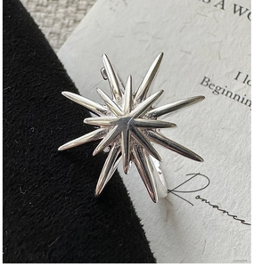 Macro shot of silver eight-pointed star ring showing polished texture and metal details