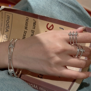 Minimalist S925 sterling silver open bangle and layered rings set for women