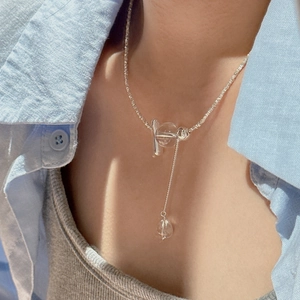 925 Sterling Silver Smashed Silver Chain Necklace For Women T-Bar Toggle Clasp Transparent Crystal Pendant Clavicle Chain