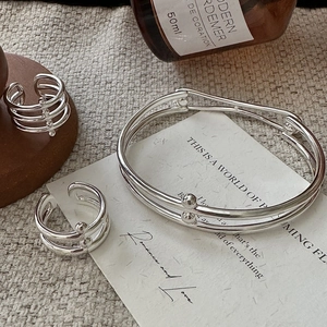 Minimalist S925 sterling silver multi-layer open ring and bracelet set in silver finish